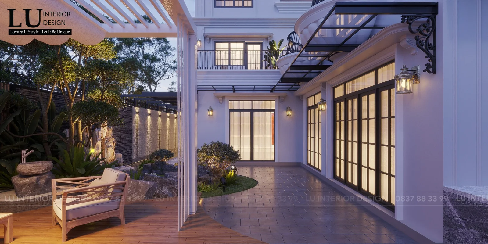 Sân hiên pergola với ghế gỗ – thiết kế nội thất biệt thự Khang Điền Quận 9 – LU Design