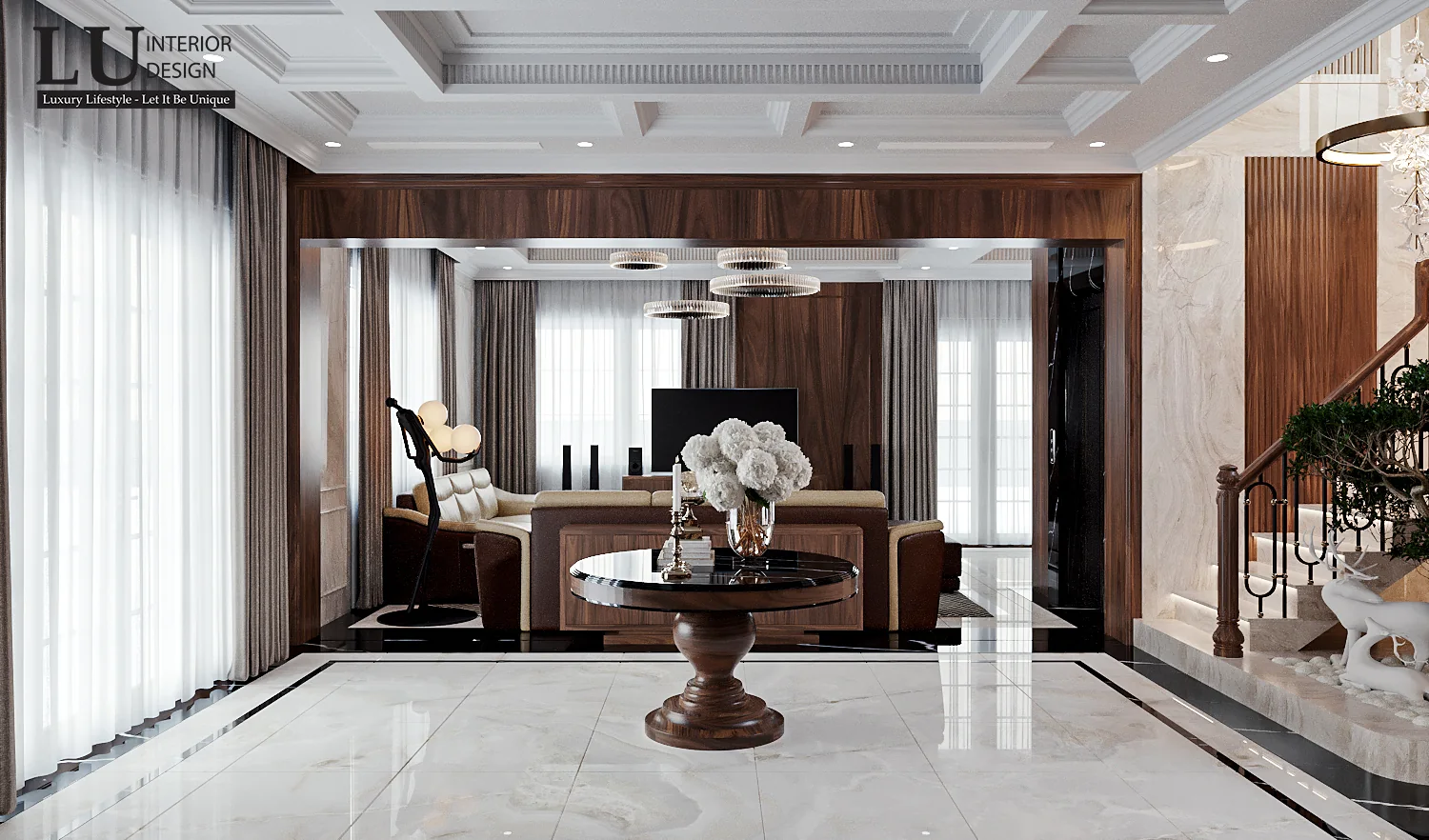 Sảnh với bàn tròn gỗ óc chó – thiết kế nội thất biệt thự Khang Điền Quận 9 – LU Design