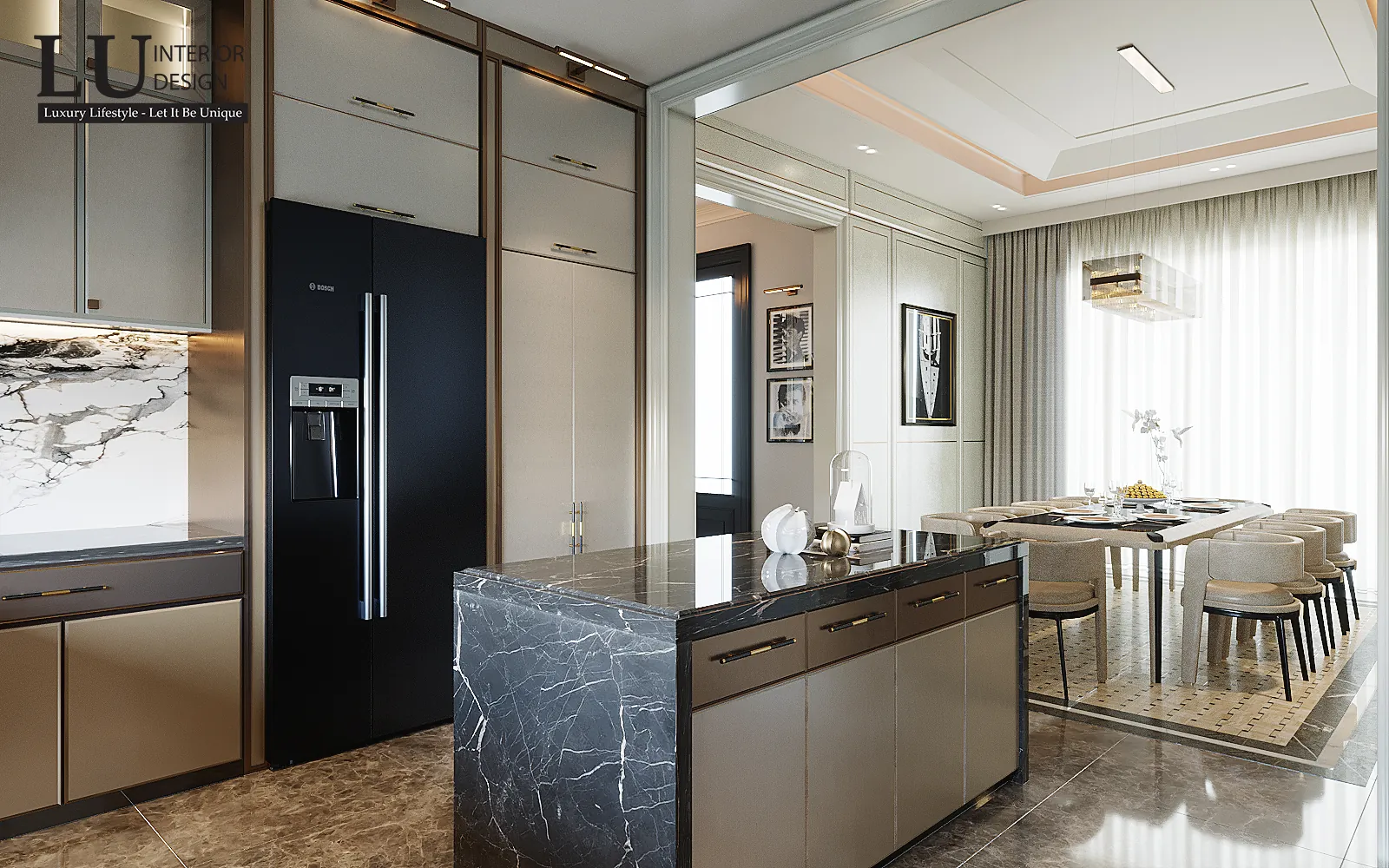 Bếp đảo mặt đá đen – thiết kế nội thất biệt thự Phú Mỹ Hưng – LU Design