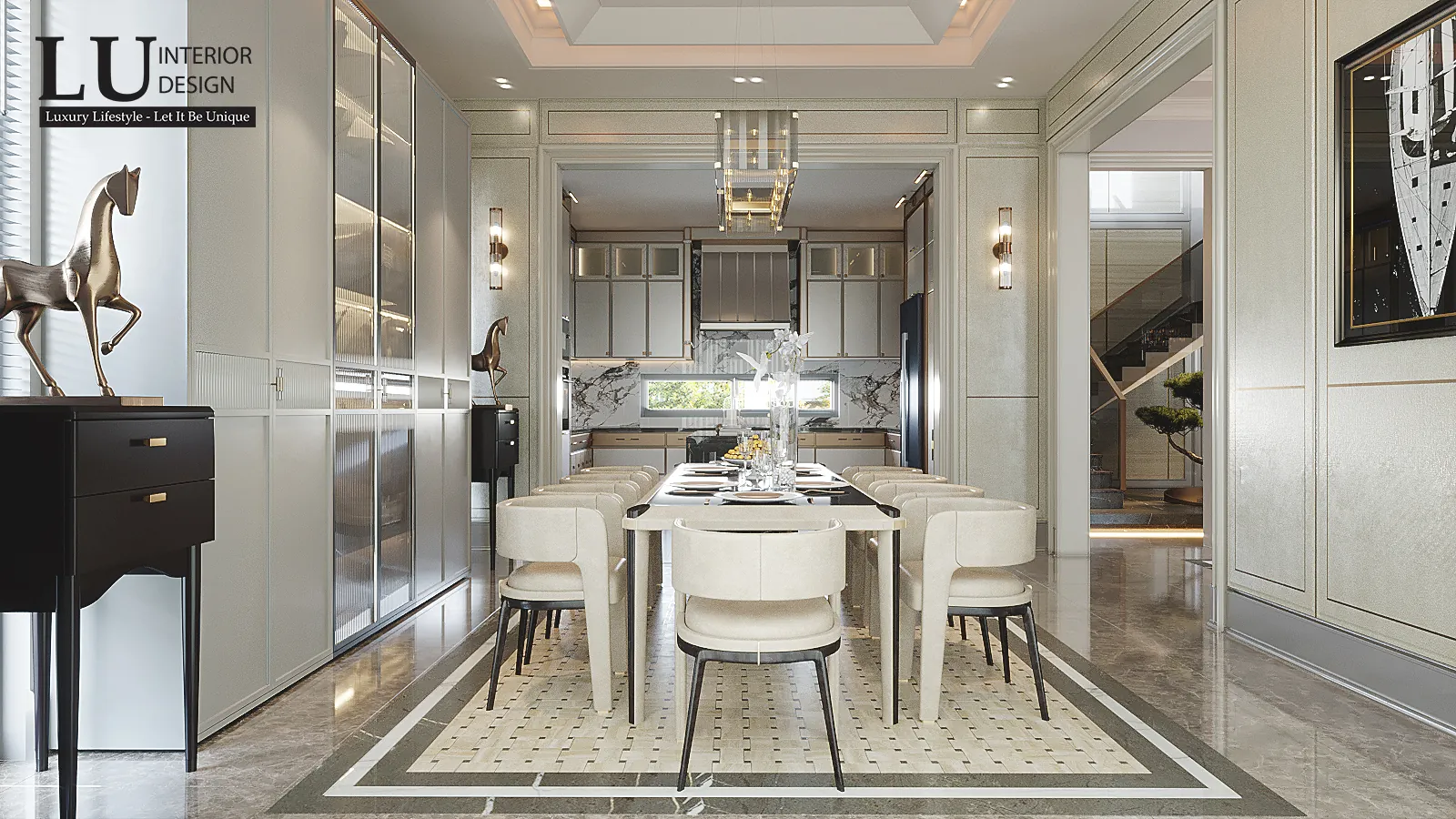 Phòng ăn nhìn về bếp – thiết kế nội thất biệt thự Phú Mỹ Hưng – LU Design
