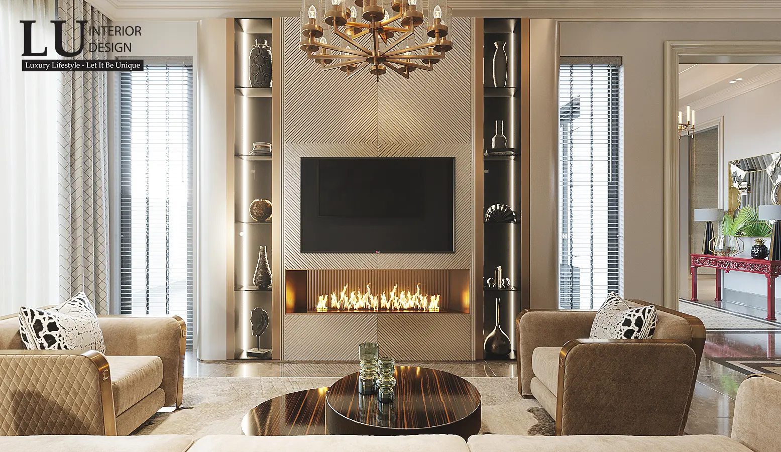 Lò sưởi âm tường và vách tivi – thiết kế nội thất biệt thự Phú Mỹ Hưng – LU Design