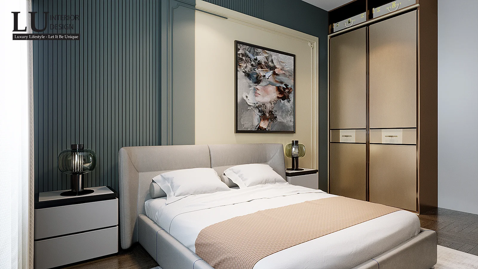 Vách xanh rêu và tranh trừu tượng – thiết kế nội thất biệt thự Phú Mỹ Hưng – LU Design