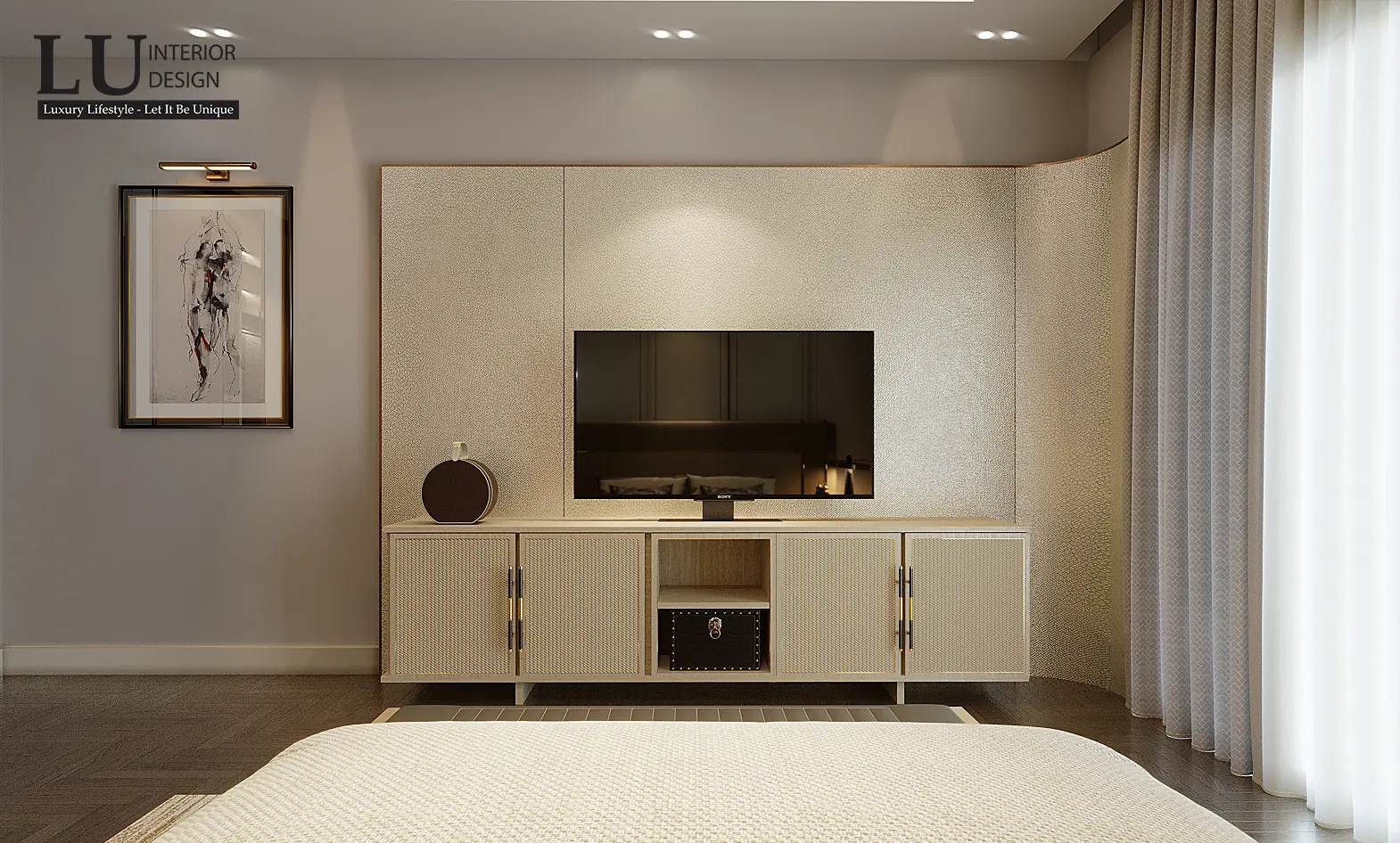 Vách tivi phòng ngủ 3 – thiết kế nội thất biệt thự Phú Mỹ Hưng – LU Design