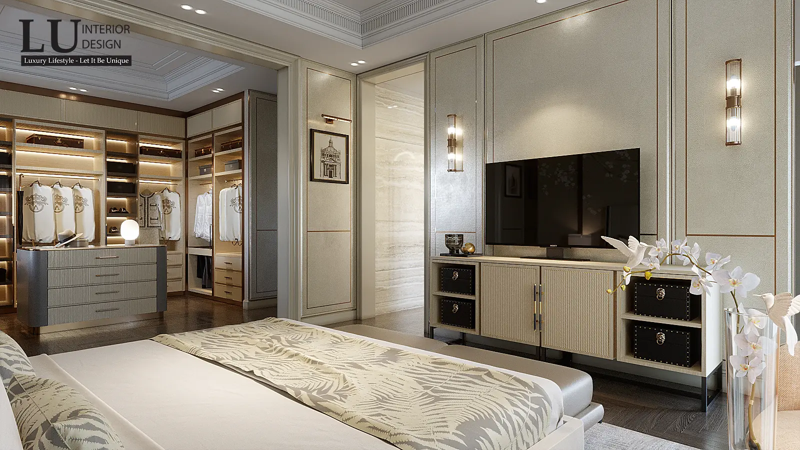 Phòng master nhìn về phòng thay đồ – thiết kế nội thất biệt thự Phú Mỹ Hưng – LU Design