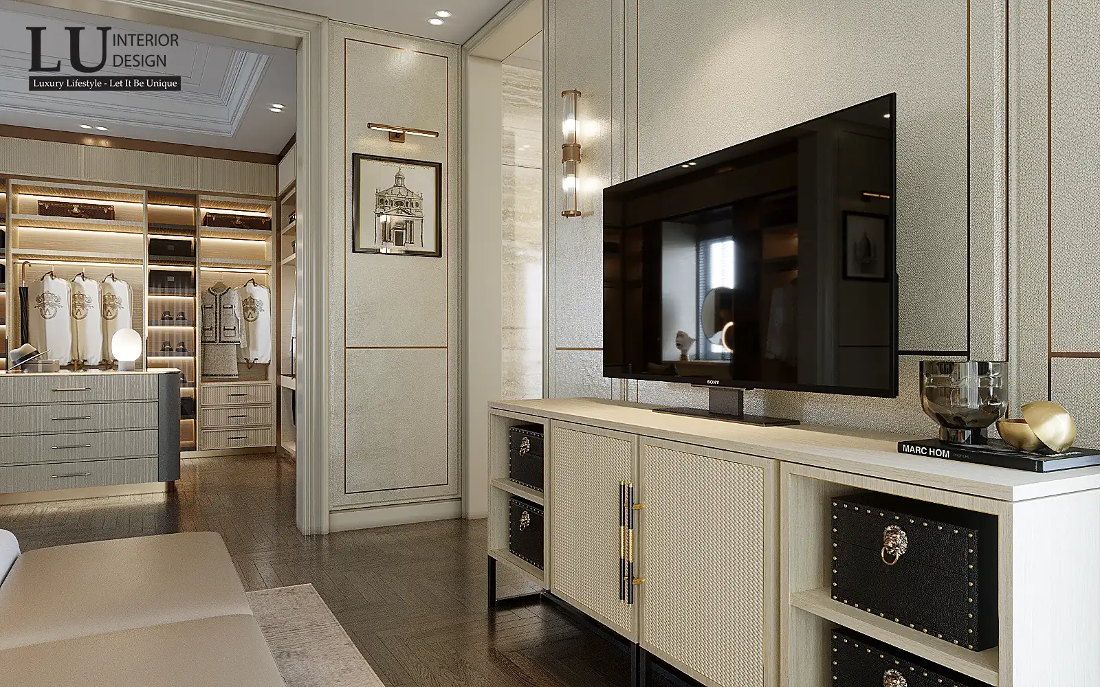 Vách tivi phòng master – thiết kế nội thất biệt thự Phú Mỹ Hưng – LU Design