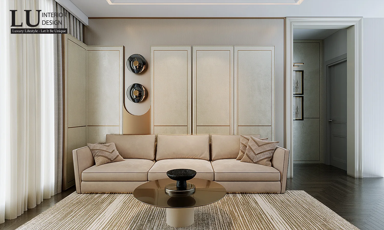 Phòng sinh hoạt chung sofa kem – thiết kế nội thất biệt thự Phú Mỹ Hưng – LU Design