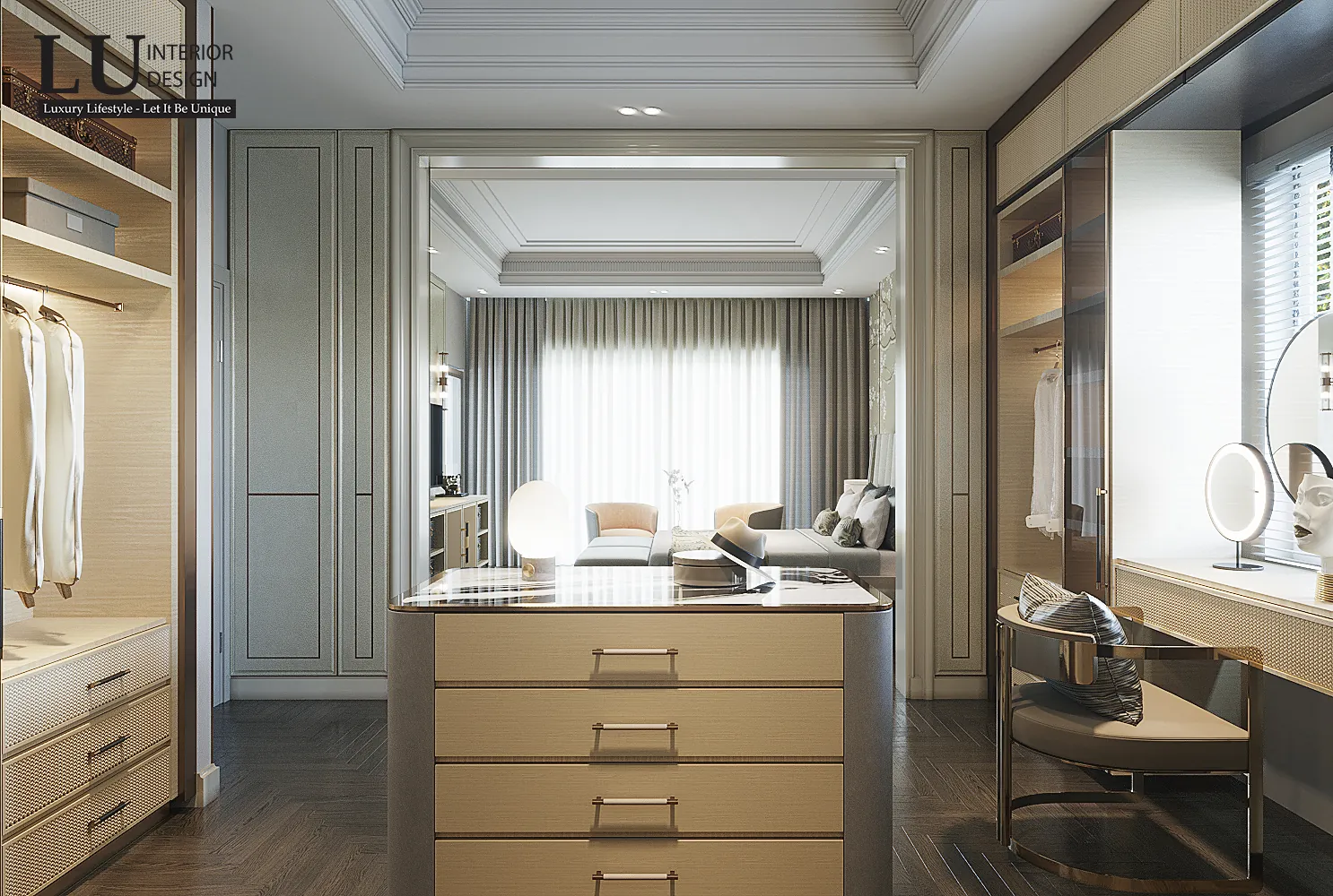 Phòng thay đồ có đảo tủ – thiết kế nội thất biệt thự Phú Mỹ Hưng – LU Design