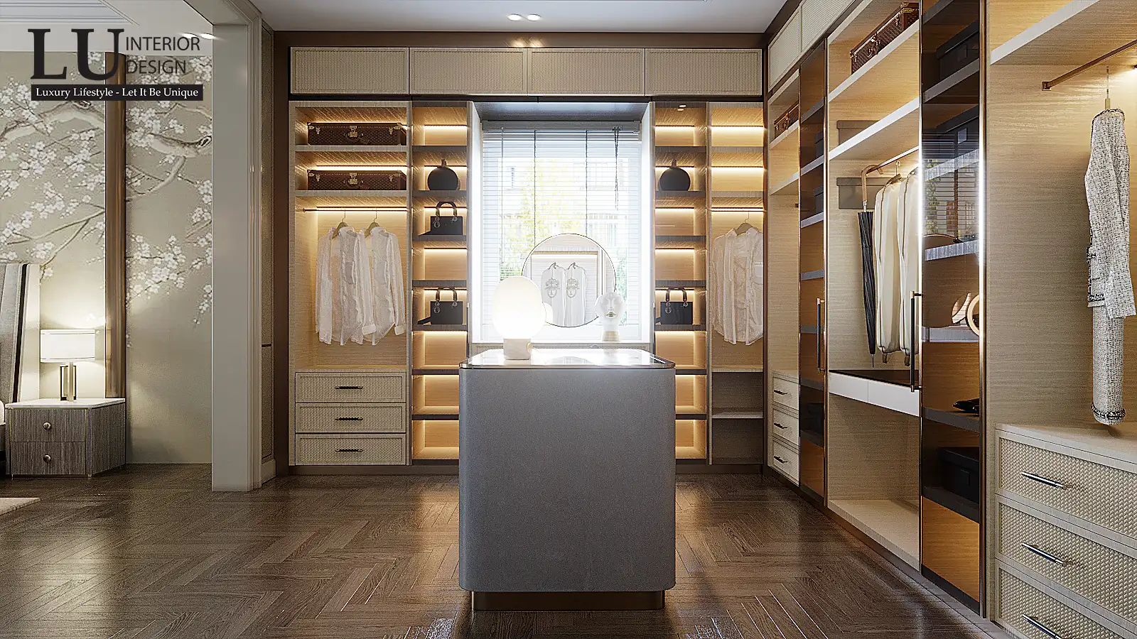 Tủ kính đèn hắt phòng thay đồ – thiết kế nội thất biệt thự Phú Mỹ Hưng – LU Design