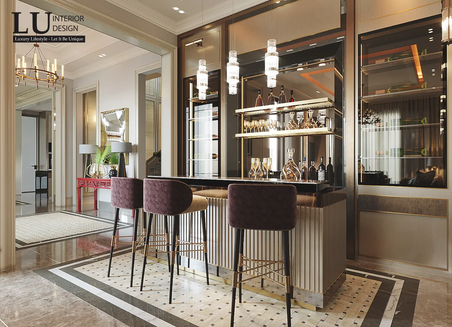Quầy bar ghế nhung đỏ rượu – thiết kế nội thất biệt thự Phú Mỹ Hưng – LU Design