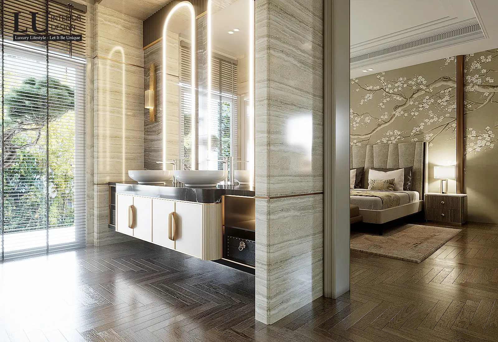 Lavabo cạnh cửa sổ phòng tắm master – thiết kế nội thất biệt thự Phú Mỹ Hưng – LU Design