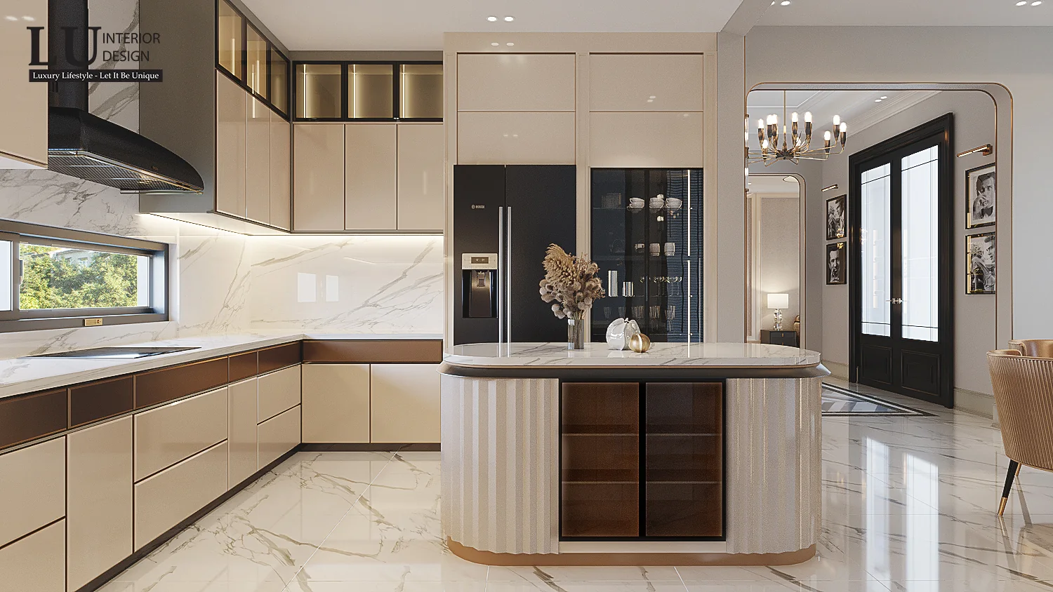 Đảo bếp bo tròn và tủ bếp kem – thiết kế nội thất biệt thự Quận 2 – LU Design