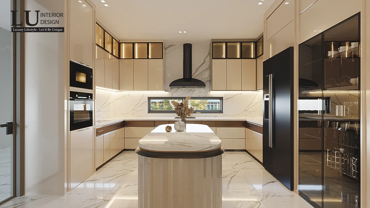 Tủ bếp kem kịch trần có tủ kính – thiết kế nội thất biệt thự Quận 2 – LU Design