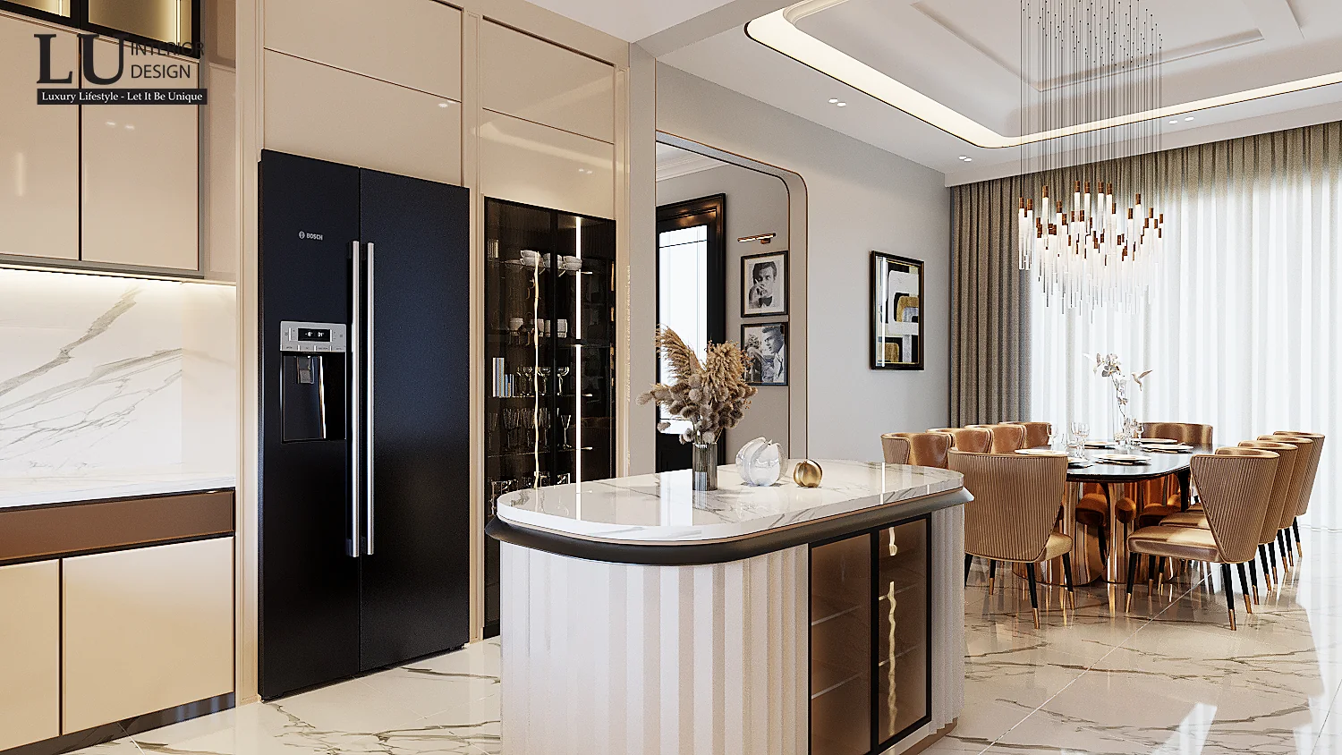 Bếp với tủ lạnh đen và đảo bếp bo tròn – thiết kế nội thất biệt thự Quận 2 – LU Design
