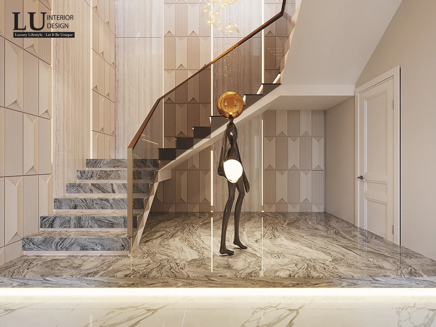 Cầu thang bậc đá xám và tượng điêu khắc – thiết kế nội thất biệt thự Quận 2 – LU Design