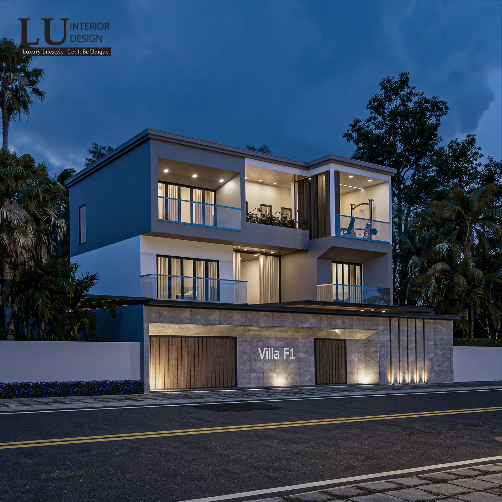 Biệt thự nhìn từ góc nghiêng với ban công sâu – thiết kế nội thất biệt thự Quận 2 – LU Design