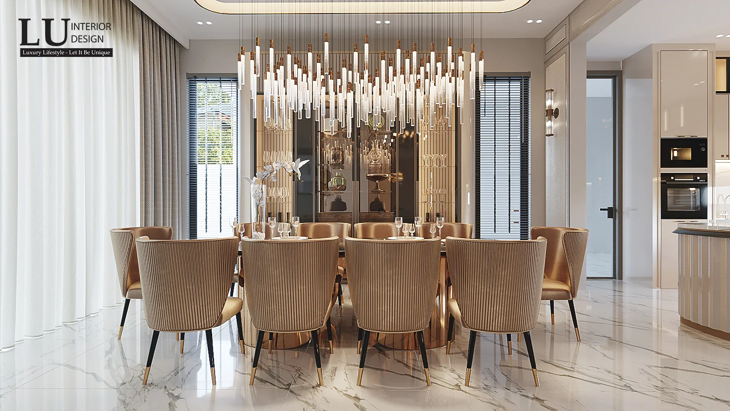 Bàn ăn mười ghế nhìn về cửa sổ – thiết kế nội thất biệt thự Quận 2 – LU Design