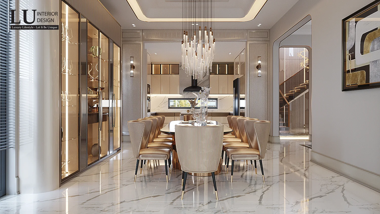 Phòng ăn với bàn dài và đèn chùm pha lê – thiết kế nội thất biệt thự Quận 2 – LU Design