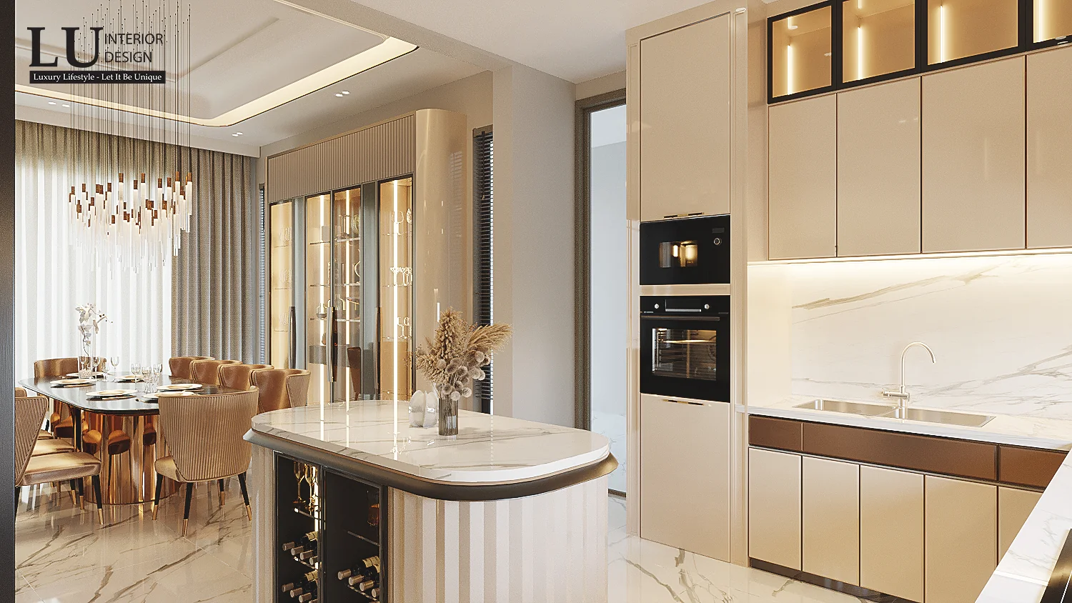 Phòng ăn nối đảo bếp và tủ rượu – thiết kế nội thất biệt thự Quận 2 – LU Design