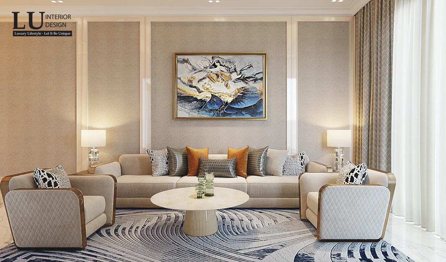 Bàn trà tròn trên thảm vân sóng – thiết kế nội thất biệt thự Quận 2 – LU Design