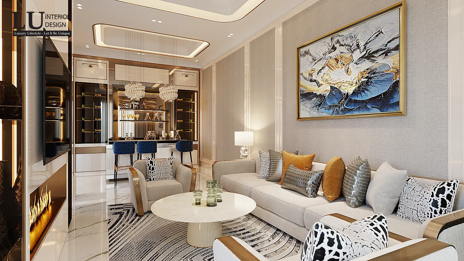 Sofa kem và tranh hoa trong phòng khách – thiết kế nội thất biệt thự Quận 2 – LU Design