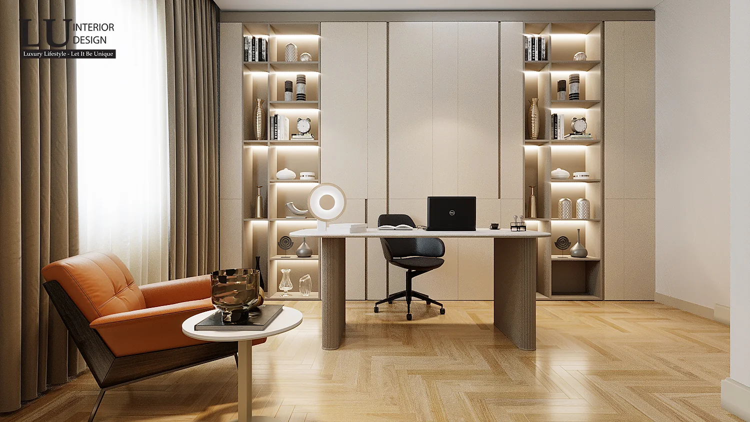 Phòng làm việc bàn gỗ và ghế da cam – thiết kế nội thất biệt thự Quận 2 – LU Design
