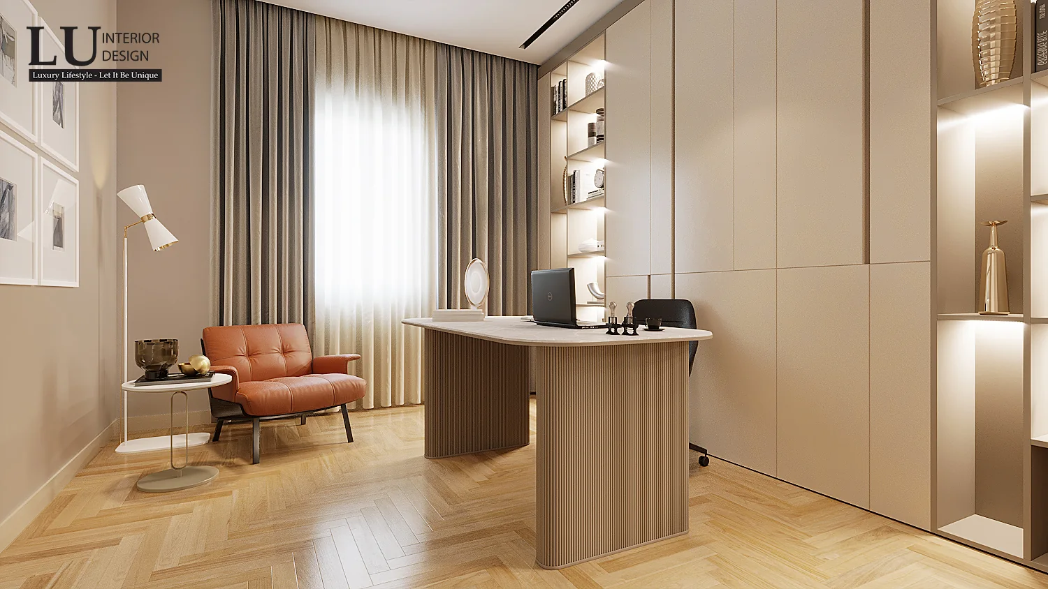 Kệ sách đèn hắt trong phòng làm việc – thiết kế nội thất biệt thự Quận 2 – LU Design