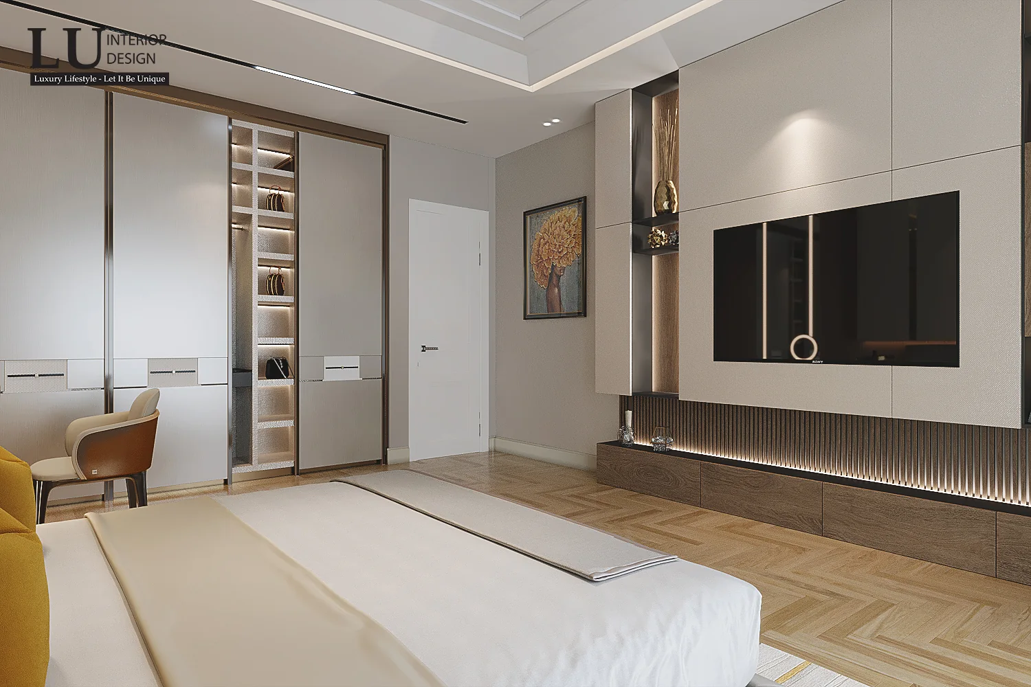 Vách tivi phòng ngủ 2 – thiết kế nội thất biệt thự Quận 2 – LU Design