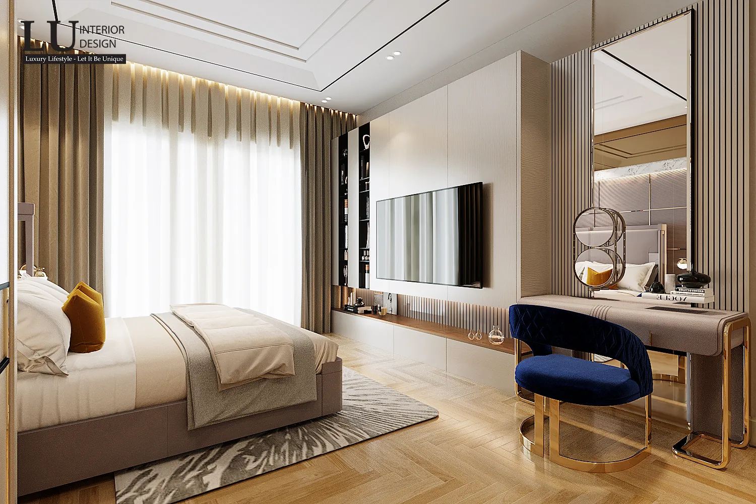 Bàn trang điểm ghế xanh trong phòng ngủ 3 – thiết kế nội thất biệt thự Quận 2 – LU Design