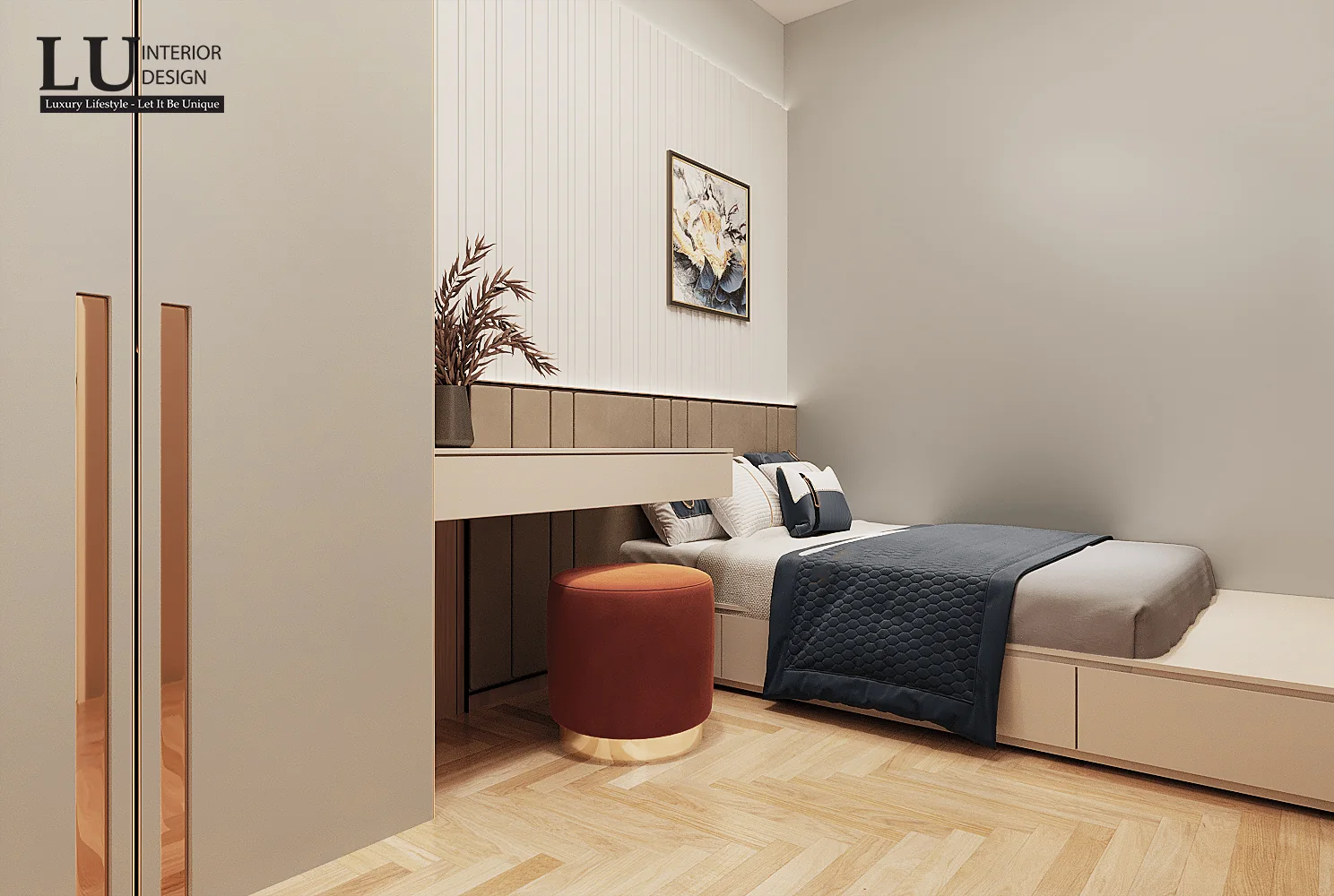 Ghế đôn cam trong phòng ngủ khách – thiết kế nội thất biệt thự Quận 2 – LU Design