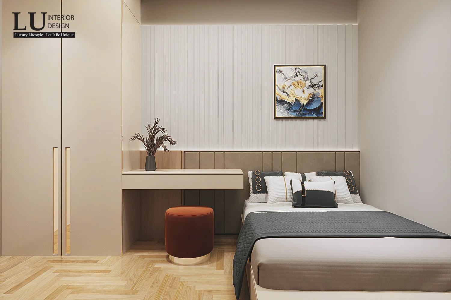 Phòng ngủ khách tông xám kem – thiết kế nội thất biệt thự Quận 2 – LU Design