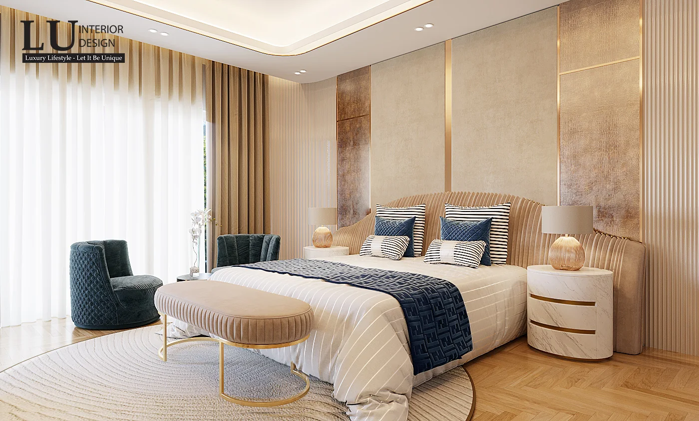 Đầu giường ốp nệm kem viền kim loại vàng – thiết kế nội thất biệt thự Quận 2 – LU Design