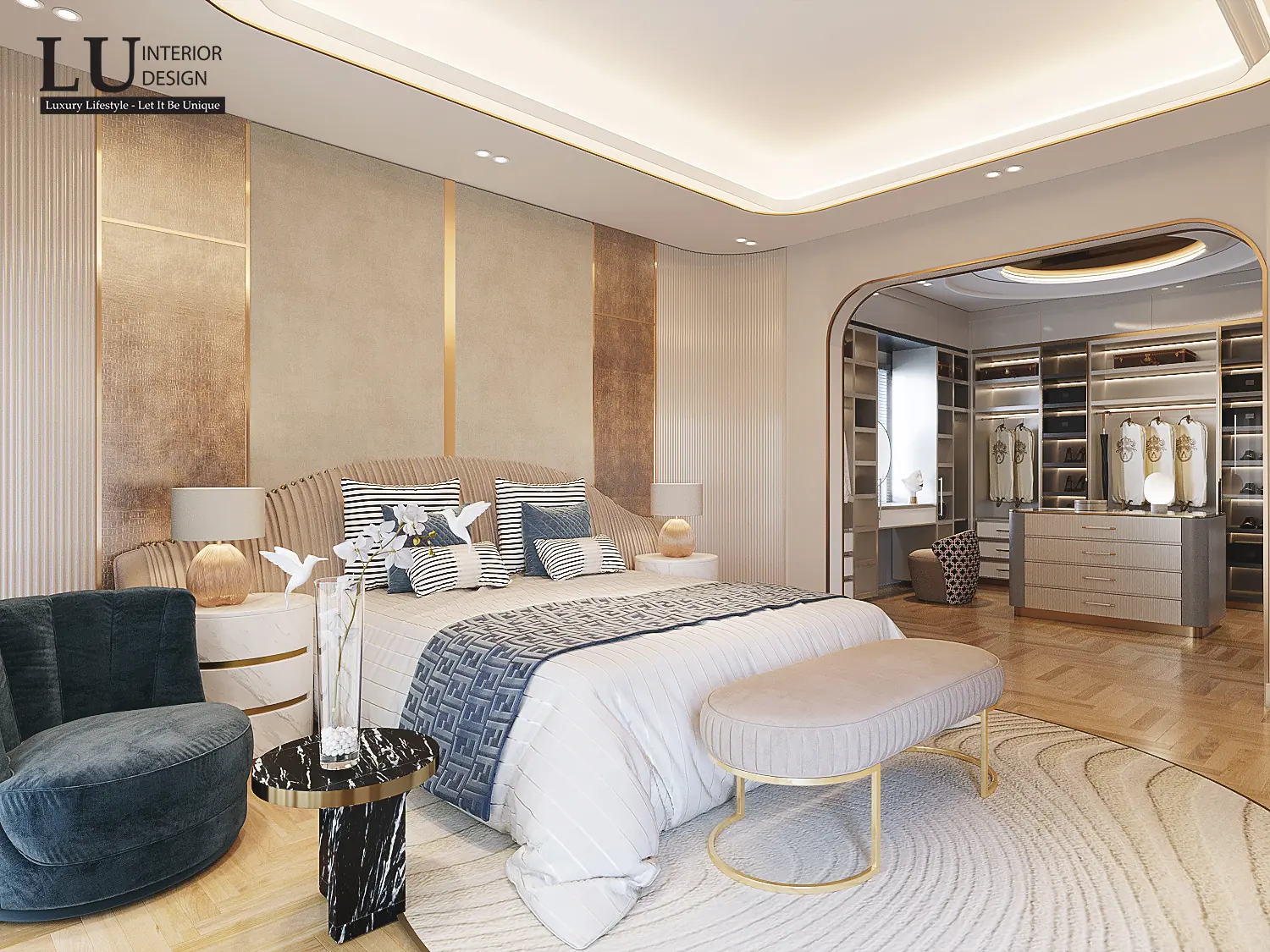 Ghế thư giãn bọc nhung xanh trong phòng master – thiết kế nội thất biệt thự Quận 2 – LU Design