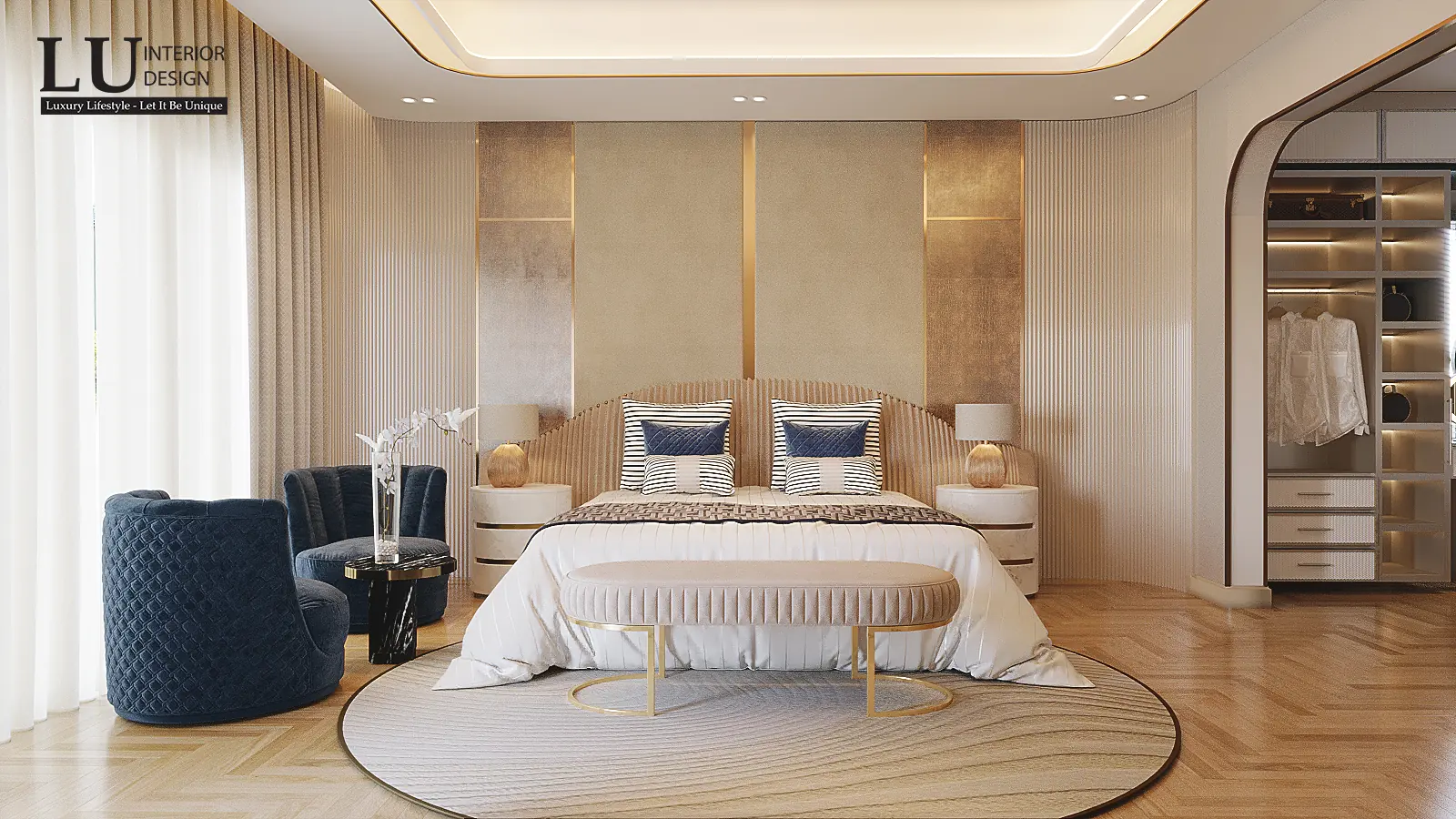 Phòng ngủ master giường đặt giữa thảm tròn – thiết kế nội thất biệt thự Quận 2 – LU Design