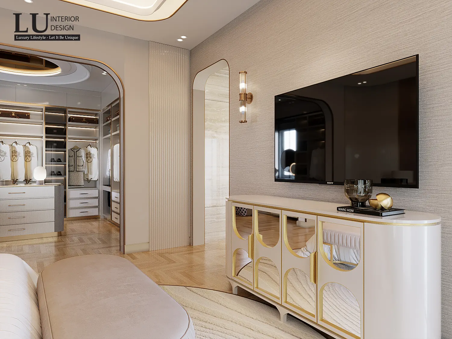 Vách tivi và cửa vòm vào phòng thay đồ – thiết kế nội thất biệt thự Quận 2 – LU Design