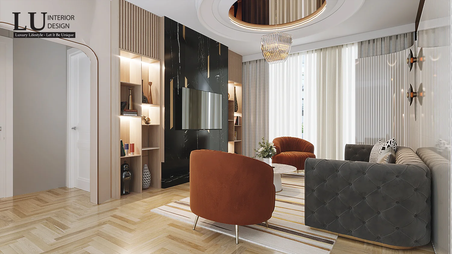 Kệ trưng bày đèn hắt trong phòng sinh hoạt – thiết kế nội thất biệt thự Quận 2 – LU Design