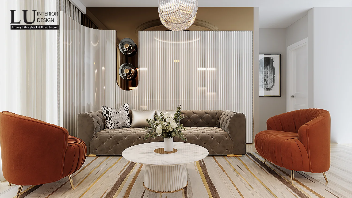 Phòng sinh hoạt chung sofa xám và ghế cam đất – thiết kế nội thất biệt thự Quận 2 – LU Design