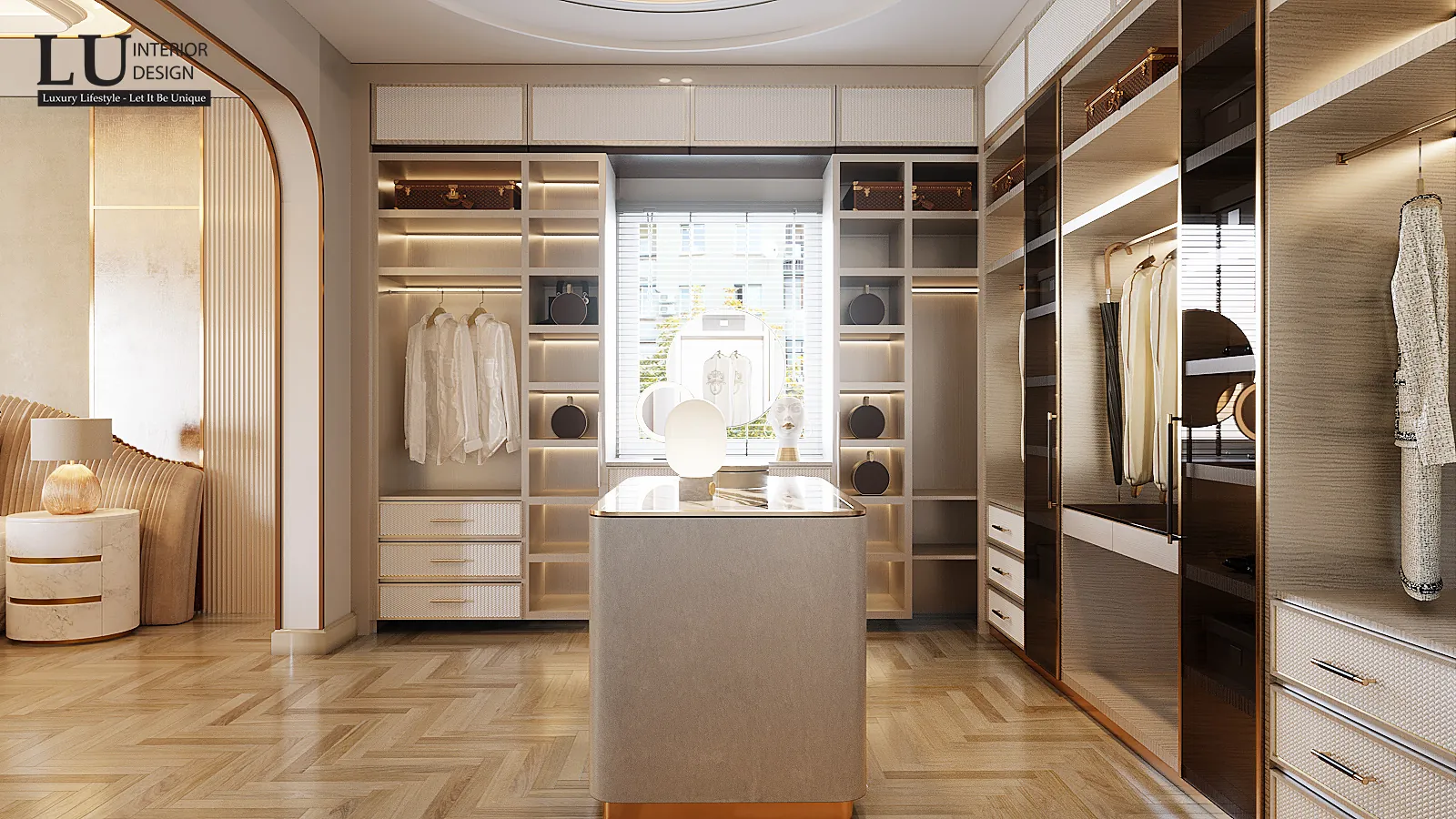 Phòng thay đồ master có đảo tủ trung tâm – thiết kế nội thất biệt thự Quận 2 – LU Design