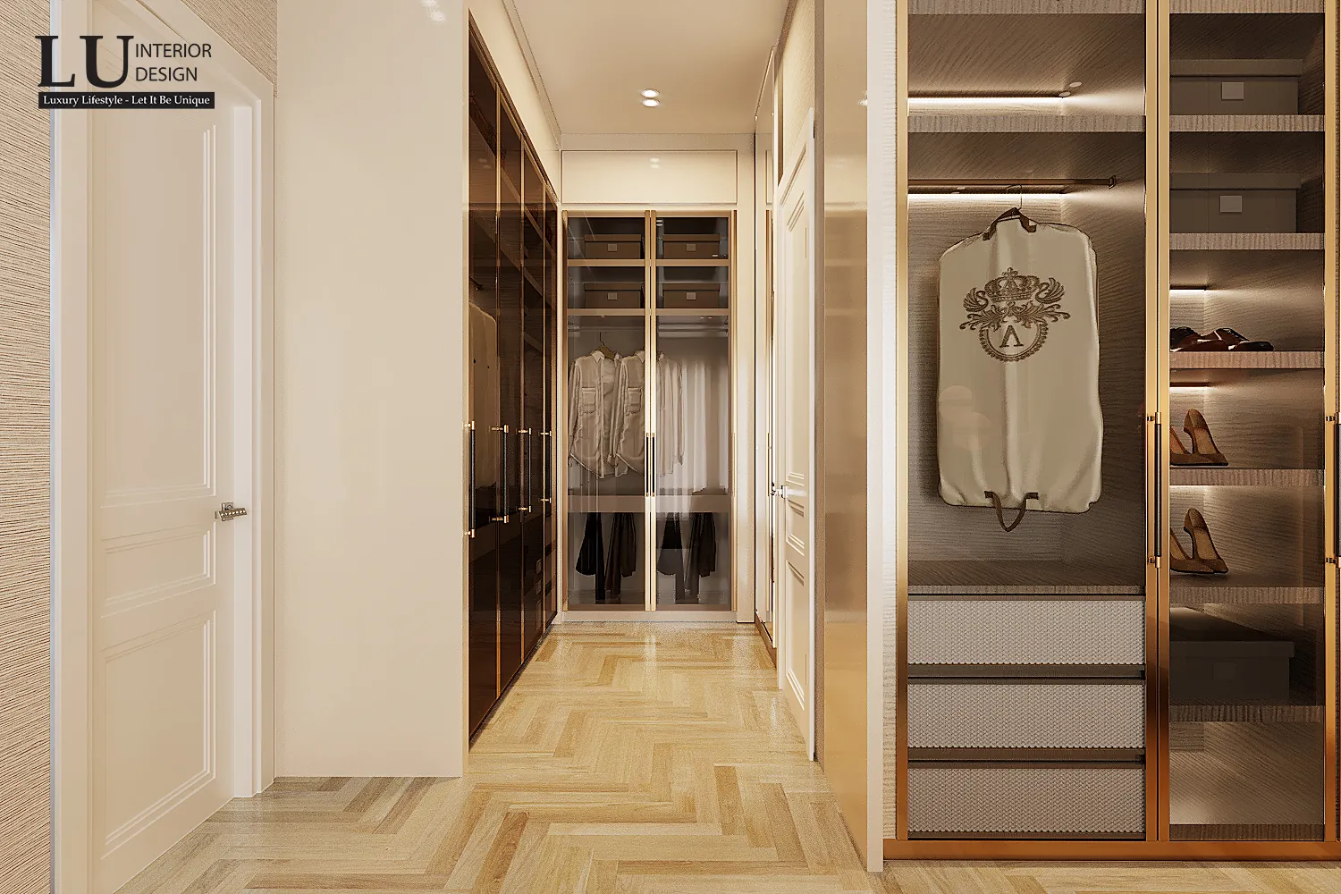 Tủ kính đèn hắt trong phòng thay đồ – thiết kế nội thất biệt thự Quận 2 – LU Design