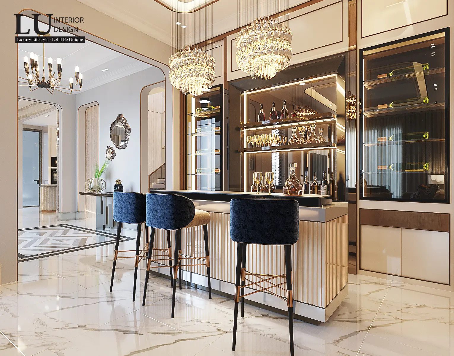 Quầy bar ghế nhung xanh dưới đèn chùm – thiết kế nội thất biệt thự Quận 2 – LU Design