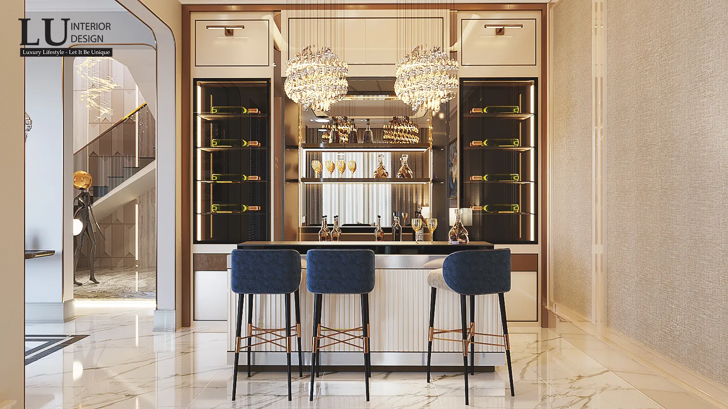 Tủ rượu kính phía sau quầy bar – thiết kế nội thất biệt thự Quận 2 – LU Design