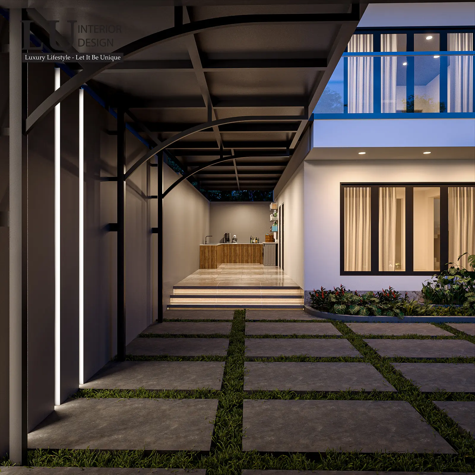 Lam pergola và đèn dọc lối vào sân – thiết kế nội thất biệt thự Quận 2 – LU Design