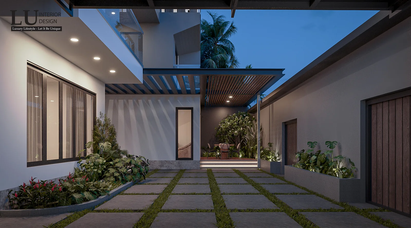 Lối đi đá xen cỏ trong sân vườn – thiết kế nội thất biệt thự Quận 2 – LU Design
