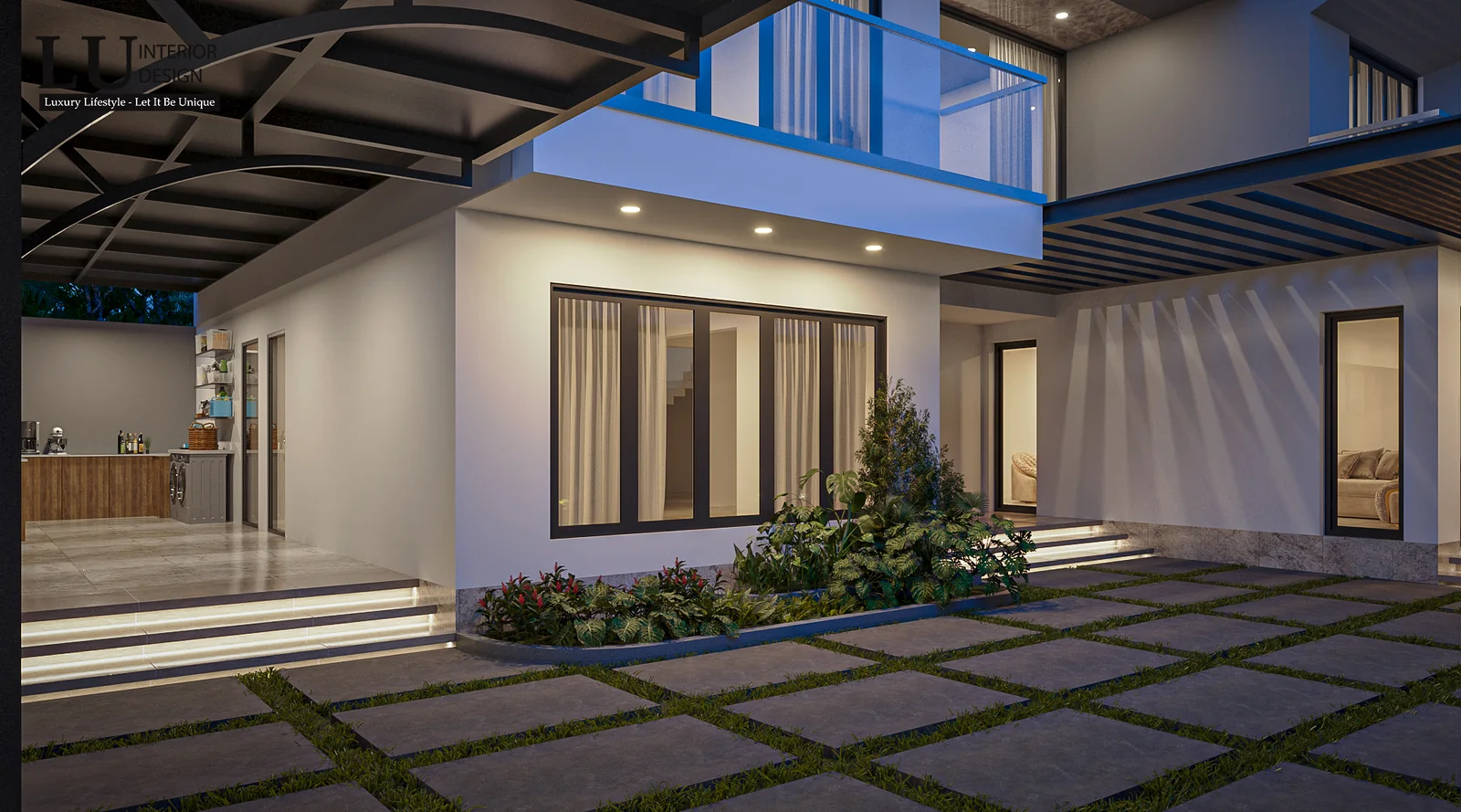 Sân trong lát đá xen cỏ nhìn toàn cảnh – thiết kế nội thất biệt thự Quận 2 – LU Design