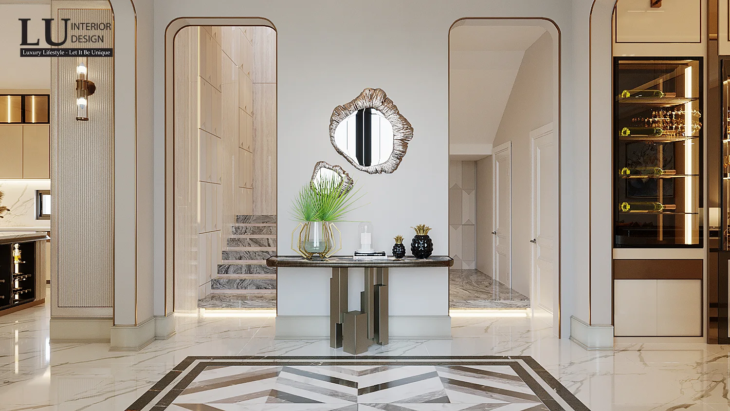 Bàn console và gương nghệ thuật ở sảnh – thiết kế nội thất biệt thự Quận 2 – LU Design