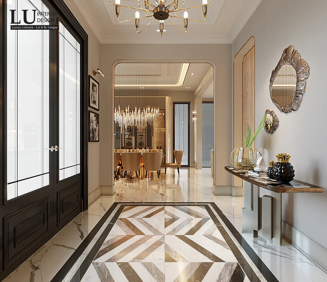 Sảnh cửa gỗ cao và sàn đá ghép hoa văn – thiết kế nội thất biệt thự Quận 2 – LU Design