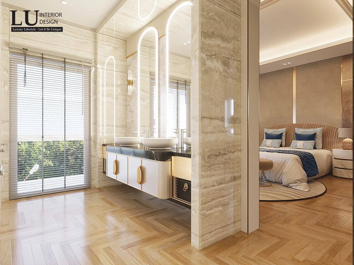 Phòng tắm master ốp đá vân mây – thiết kế nội thất biệt thự Quận 2 – LU Design