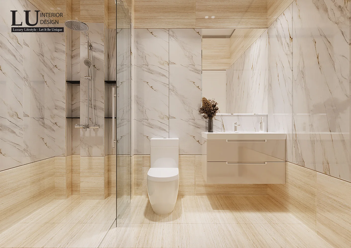 Phòng tắm vách kính ốp đá trắng – thiết kế nội thất biệt thự Quận 2 – LU Design