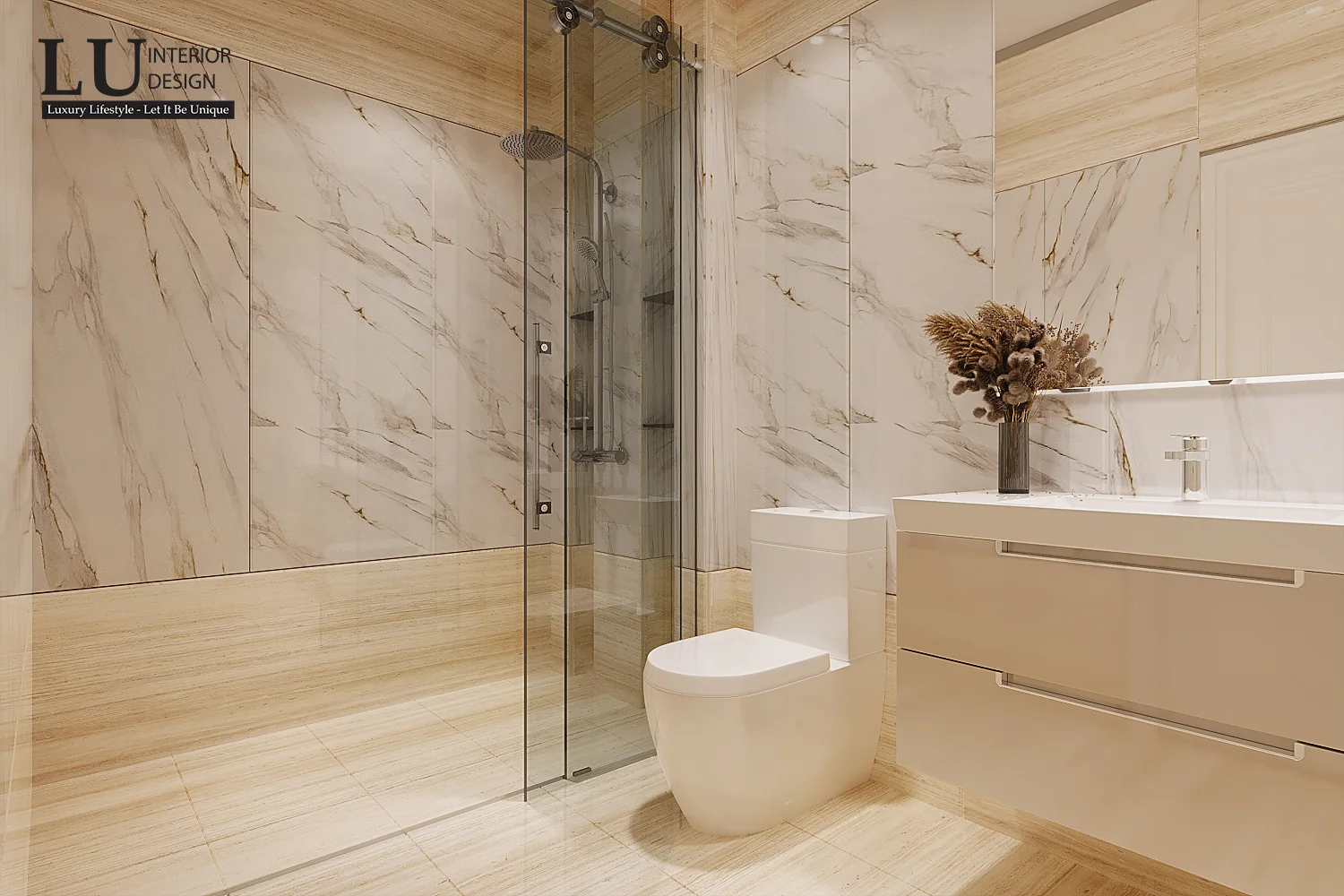 Phòng tắm vách kính phòng ngủ 2 – thiết kế nội thất biệt thự Quận 2 – LU Design