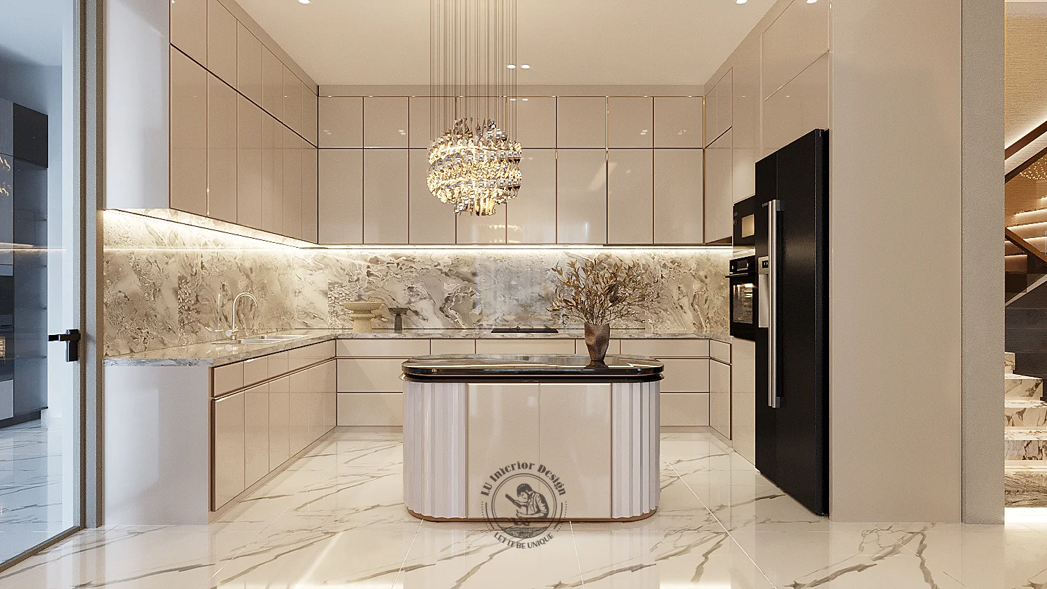 Bếp đảo đá vân dài – thiết kế nội thất biệt thự Quận 7 – LU Design