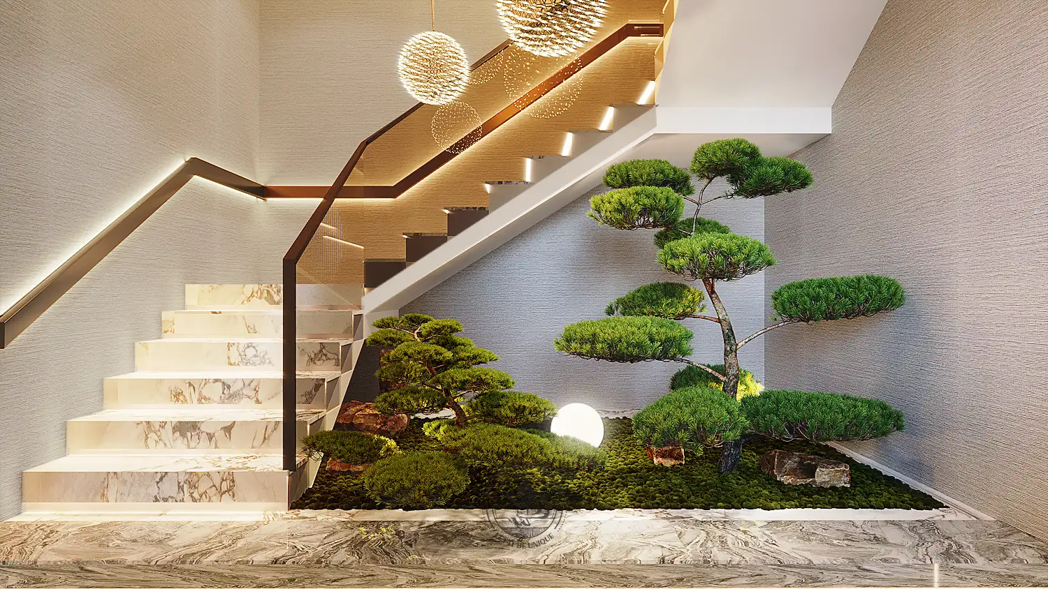 Cầu thang ôm tiểu cảnh bonsai – thiết kế nội thất biệt thự Quận 7 – LU Design